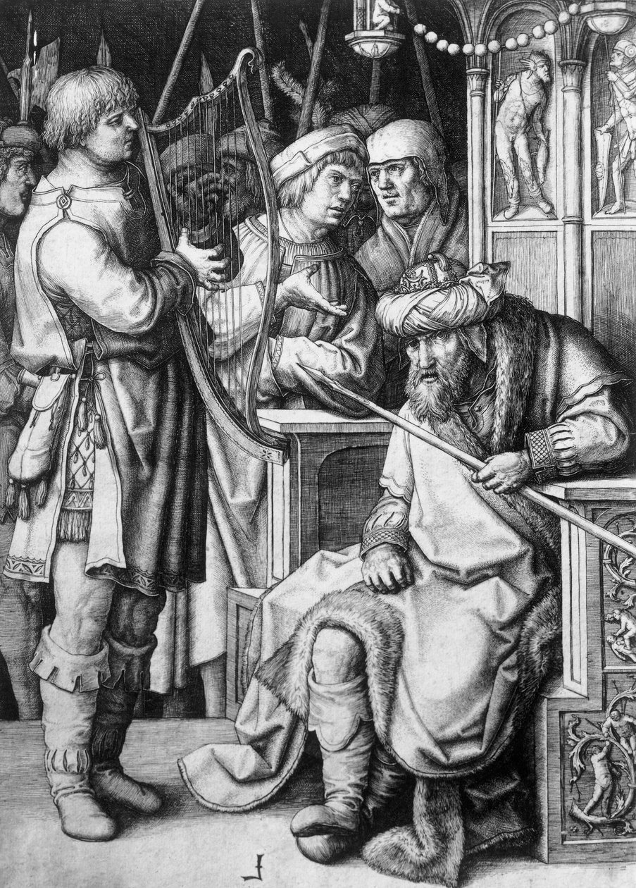 David playing harp before King Saul, circa 1508, engraving by Lucas van Leyden