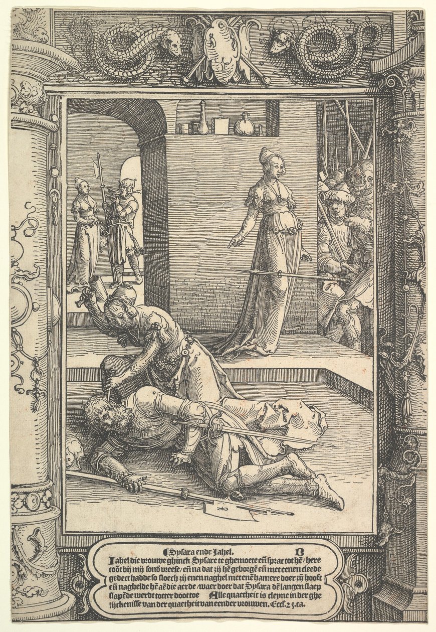Jael Killing Sisera, ornamental frame by Lucas van Leyden