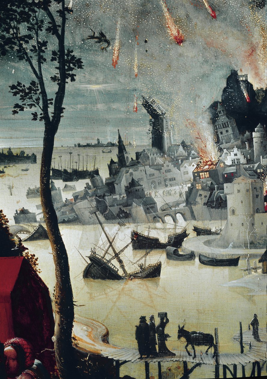 Lot and his Daughters, detail of the destruction of Sodom by Lucas van Leyden