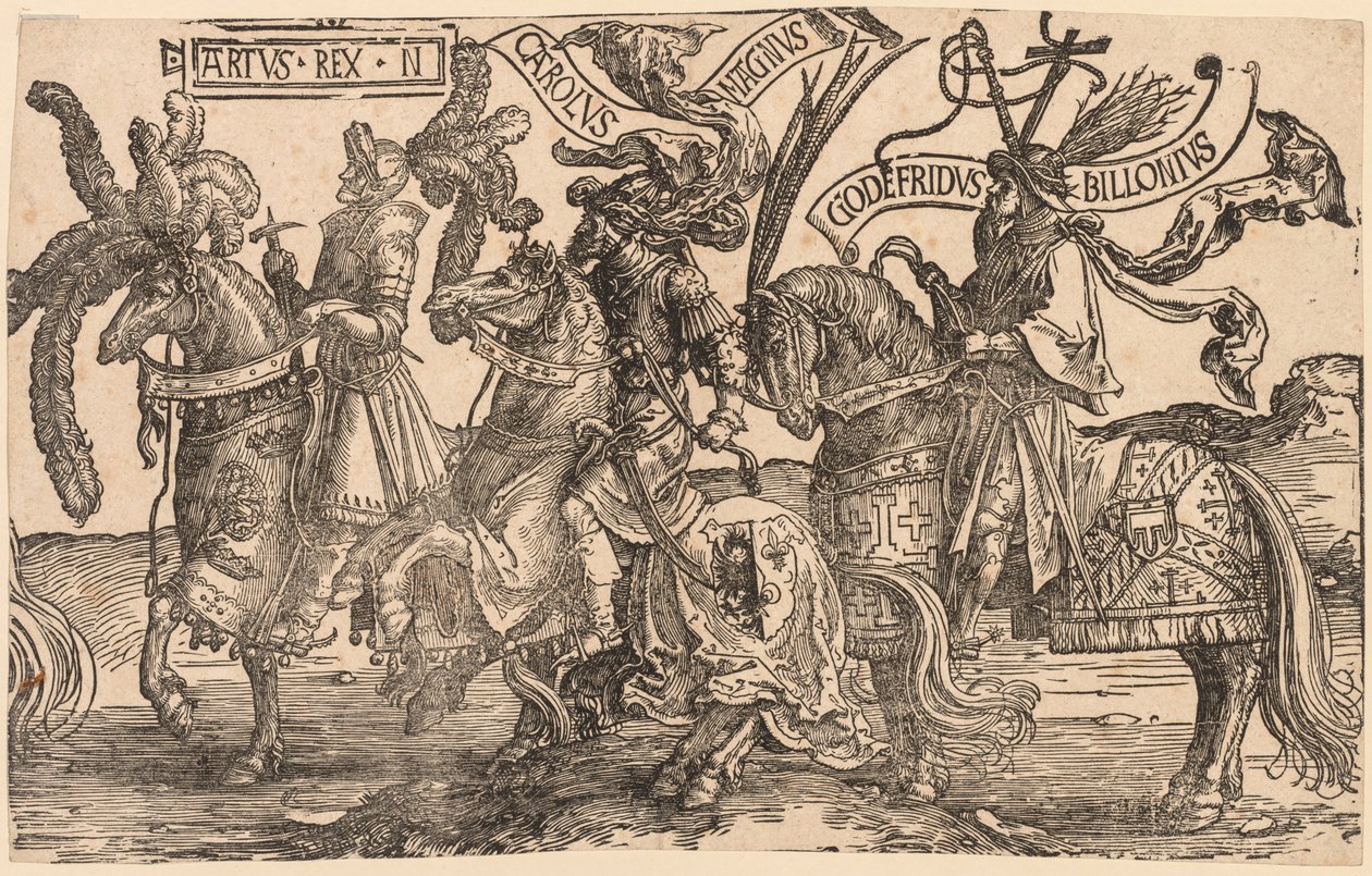 The Nine Heroes: Arthur, Charles the Great Charlemagne, Godfrey of Bouillon by Lucas van Leyden