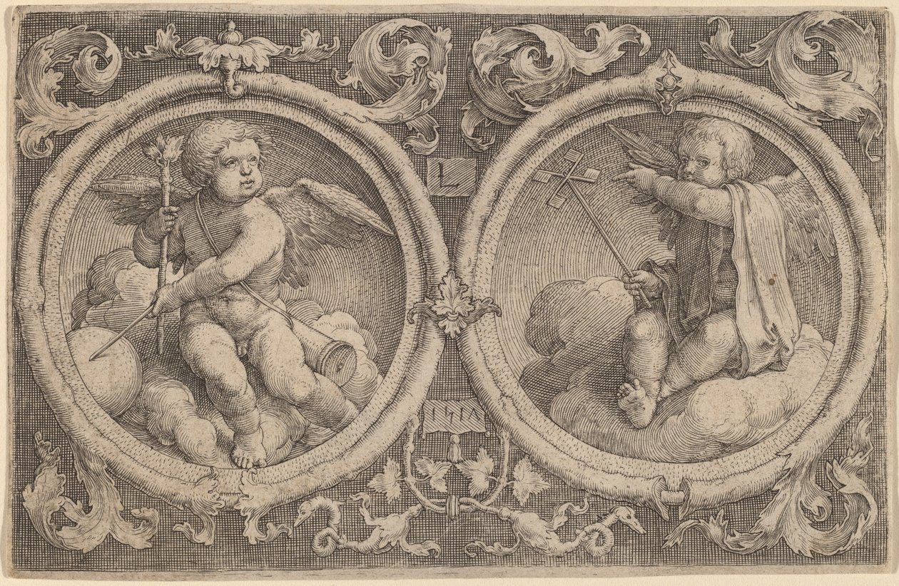 Two Cupids Seated on Clouds in Two Circles by Lucas van Leyden