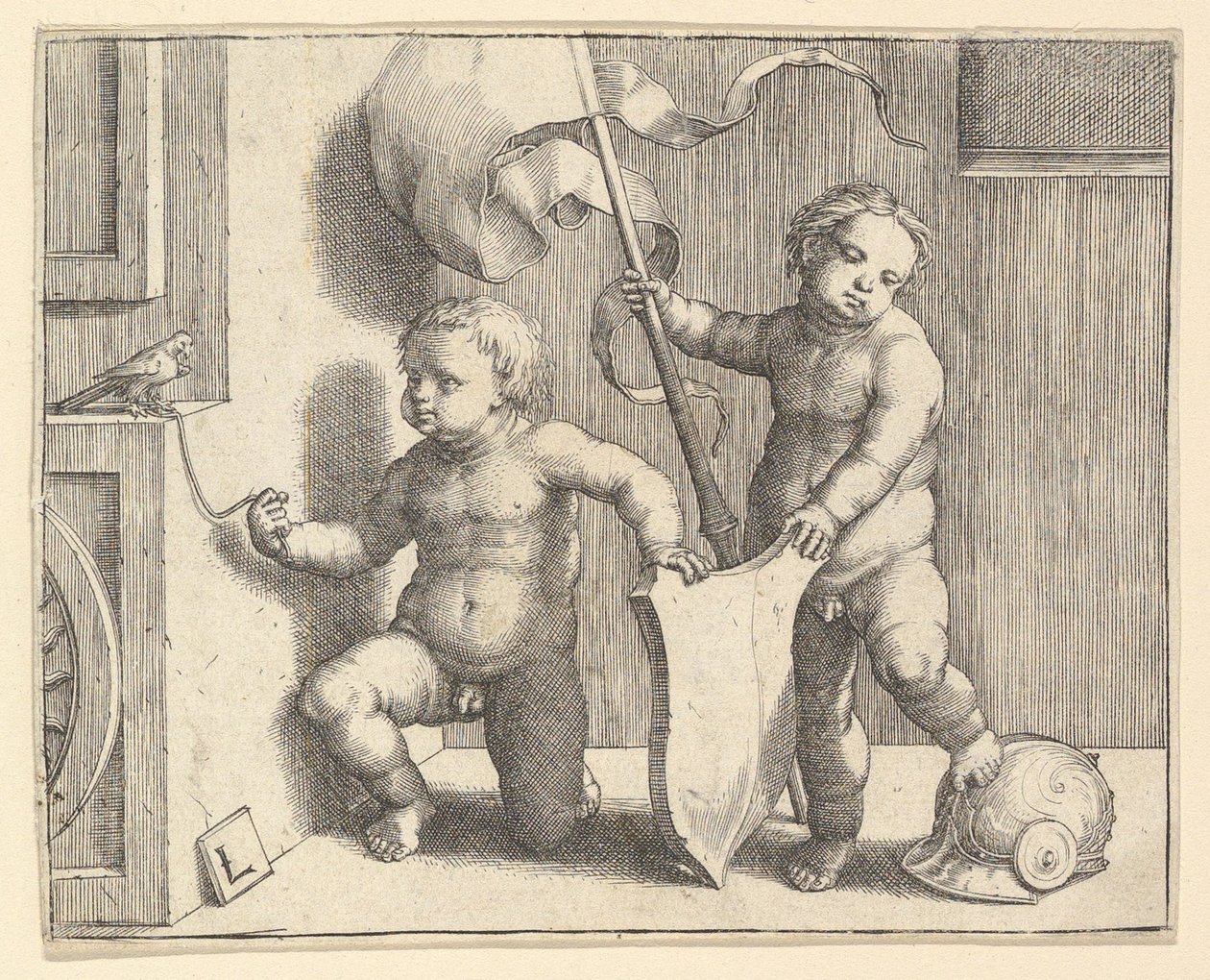 Two Nude Children Supporting a Blank Shield, ca. 1510 by Lucas van Leyden