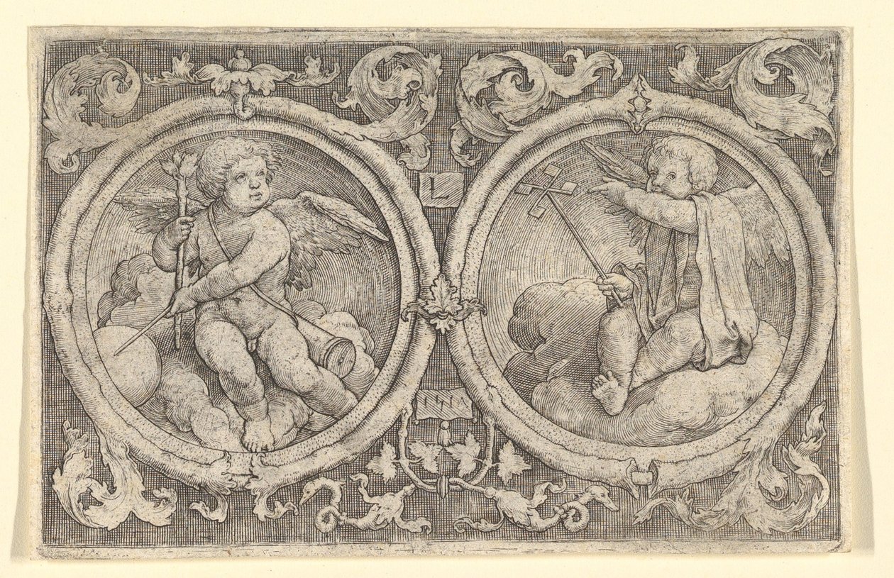 Two Putti Seated in Clouds in Circles with Tendrils by Lucas van Leyden