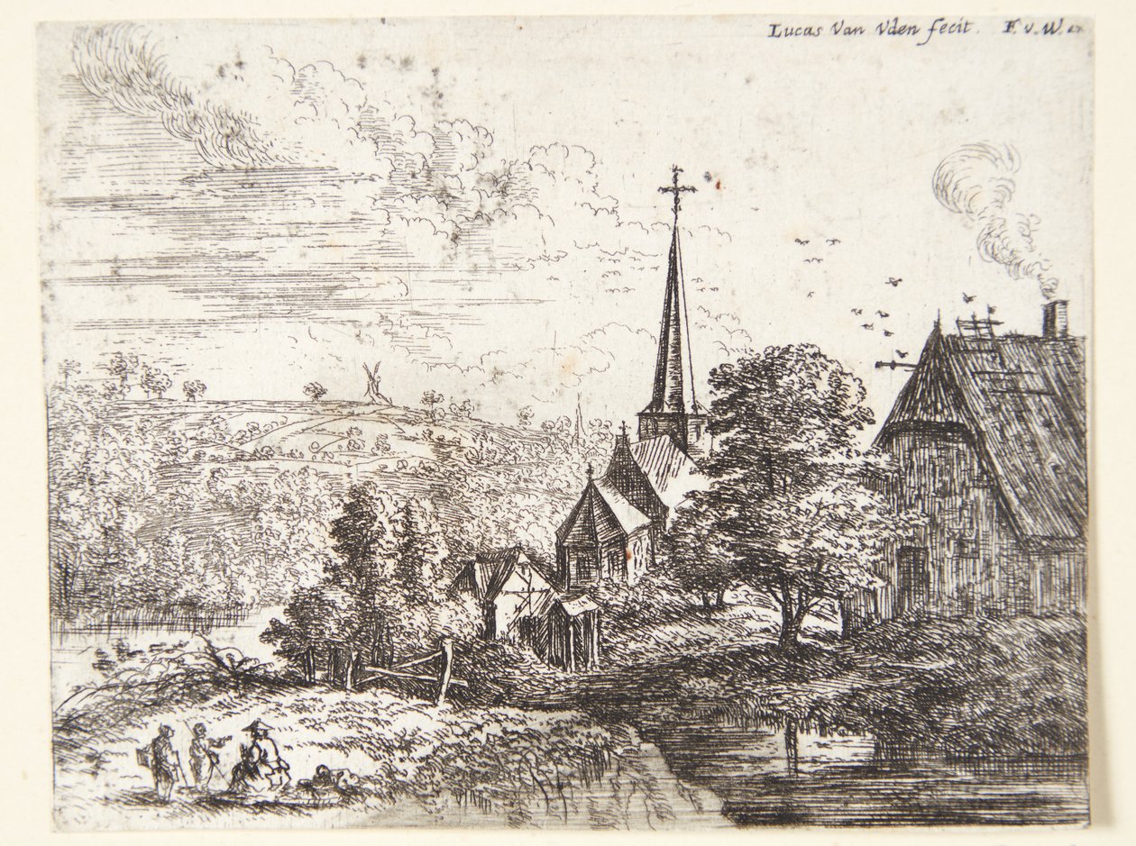 Village by a River, Three Figures in the Foreground by Lucas van Uden