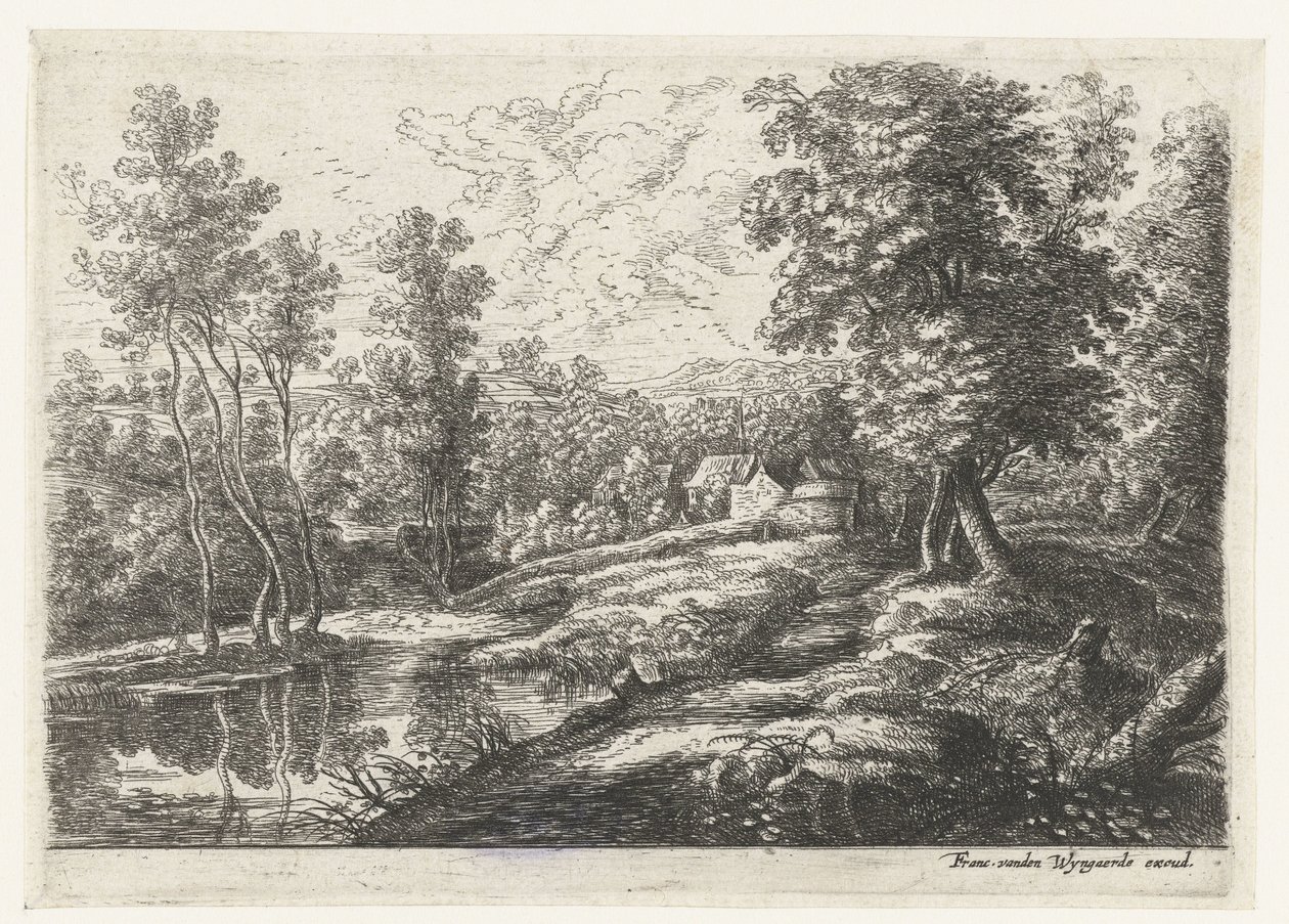 Landscape with Houses and a Church Surrounded by a Wall (series title: Five Landscapes) by Lucas van Uden