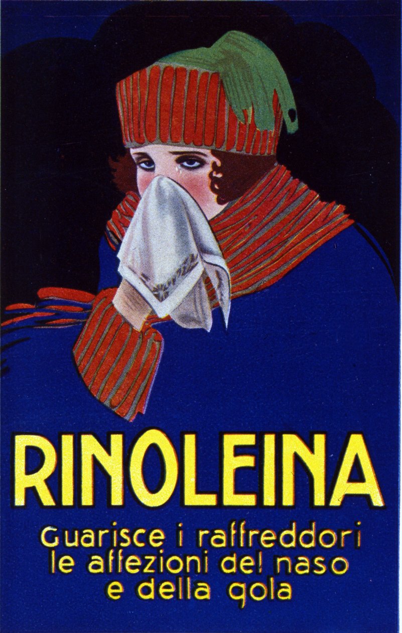 Advertising for the Drug Rinoleina Against Colds, Sore Throat and Cough by Luciano Achille Mauzan