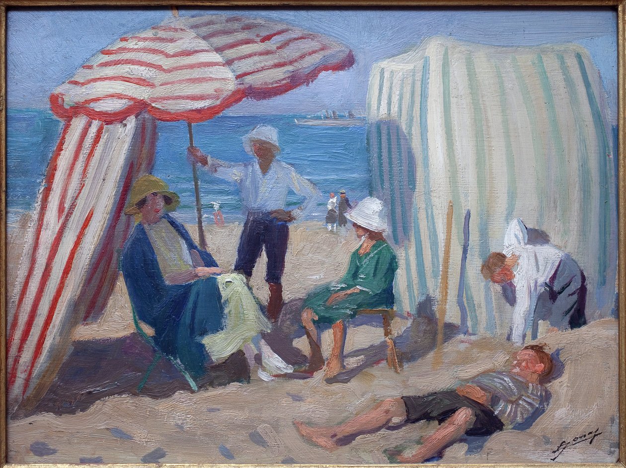 On the beach. Painting by Lucien Jonas, oil on wood 1920, French art, 20th century. Musee la piscine, Roubaix. by Lucien Hector Jonas