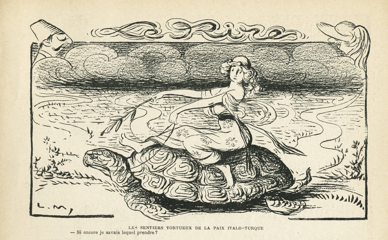 Illustration in Le Rire, 05/10/12 - The tortuous paths of peace Italo Turkish - War, Turkey, Italy, Peace - Turtle - Animation, Allegory by Lucien Metivet
