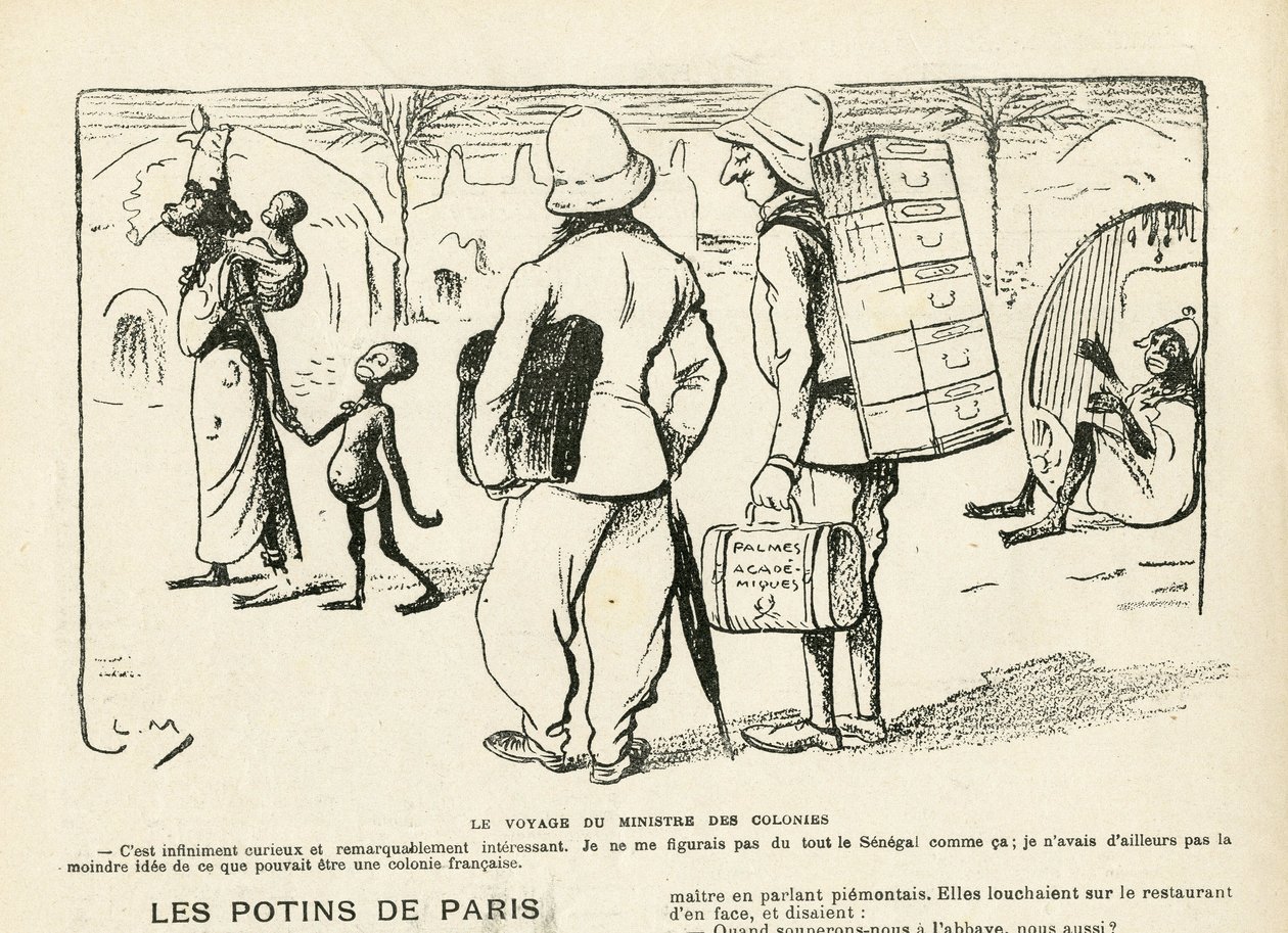 Illustration in Le Rire, 25/04/08 - the travel of the colonie minister, Senegal (engraving) by Lucien Metivet