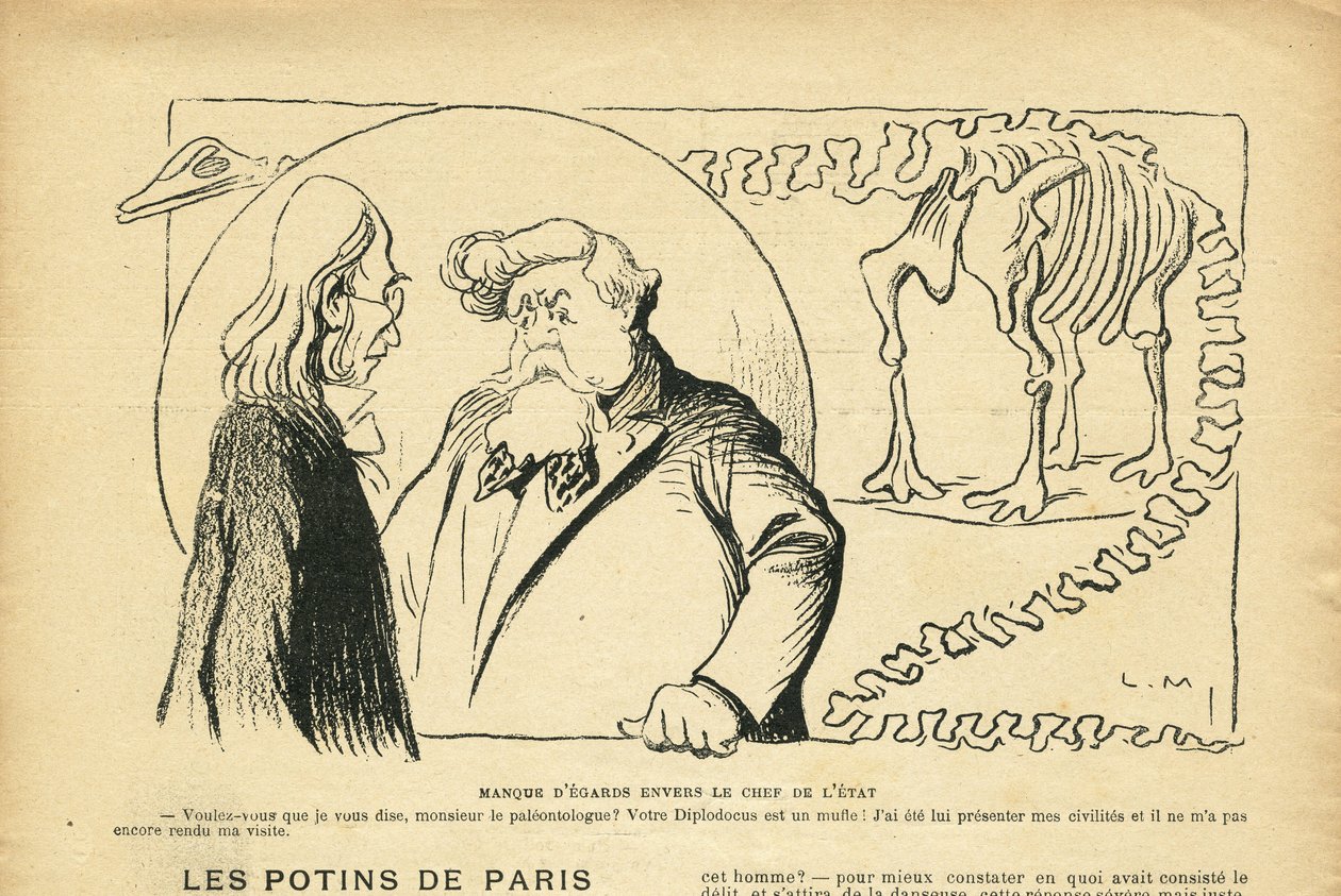 Illustration in Le Rire, 27/06/08 - Disregard for the Head of State - President of the Republic, Dinosaur, Paleontology - Fallieres Armand, Dinosaur, Diplodocus (engraving) by Lucien Metivet