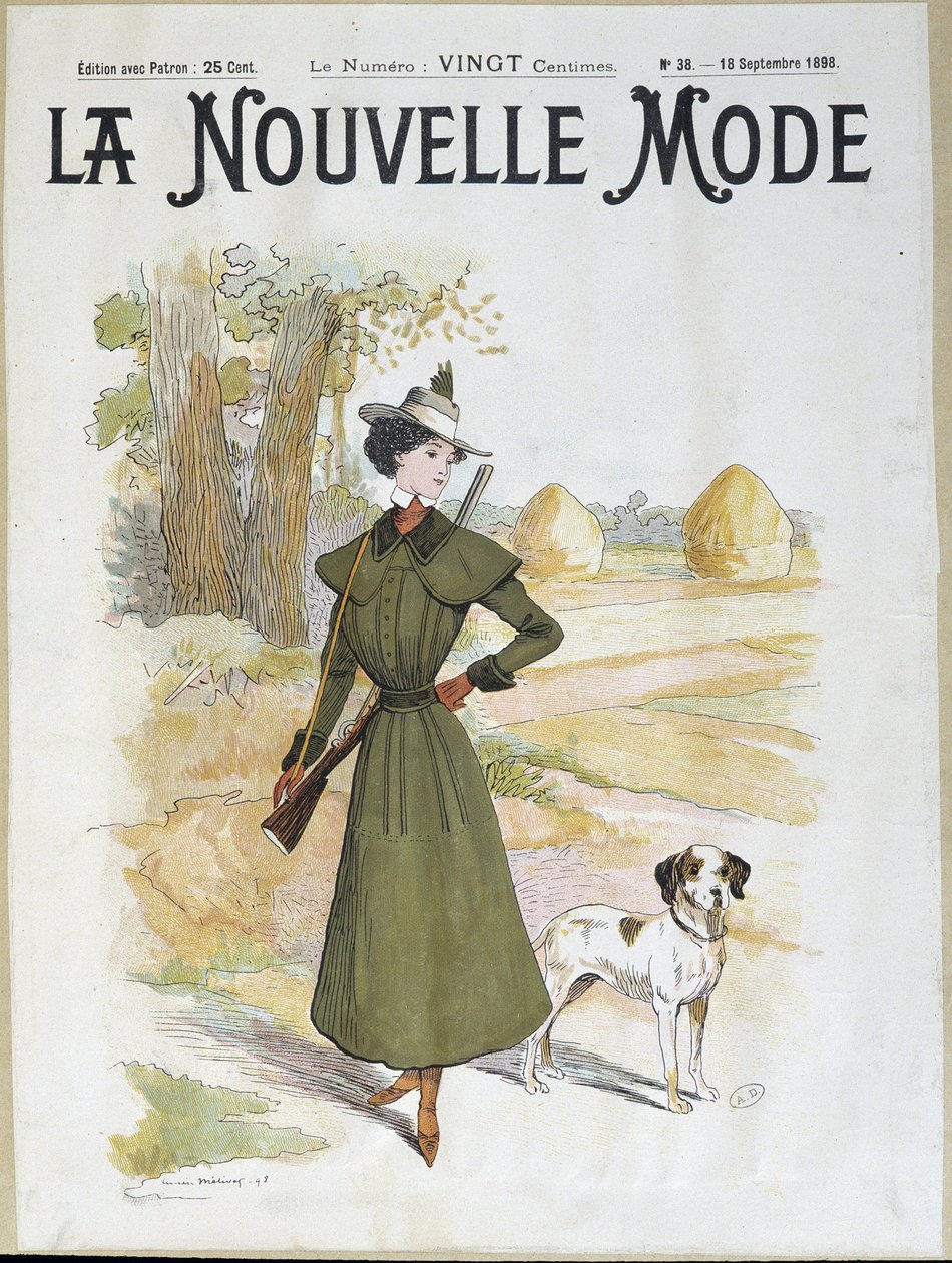 Woman in hunting attire wearing a rifle - in La Nouvelle Mode from Sept. 1898 by Lucien Metivet