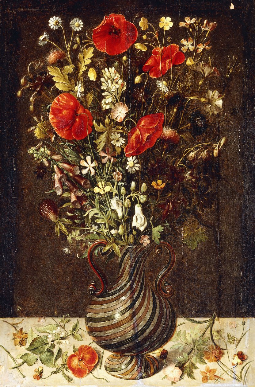 Poppies, Buttercups, Daisies, Cornflowers, Thistles and Other Wild Flowers in a Facon de Venise Filigrana Glass Vase, with Pansies, a Poppy and a Dead-Nettle on a Stone Ledge by Ludger Tom the Younger Ring