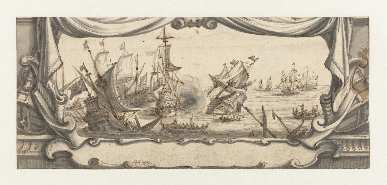 Naval Battle in a Cartouche by Ludolf Bakhuysen