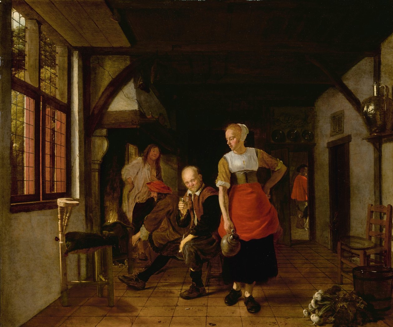A Maid Holding a Jug and Three Men by the Fire by Ludolf de Jongh