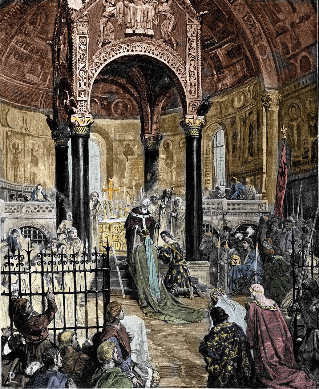 Marriage of Henry VI with Princess Normandy Constance of Hauteville in the Basilica of St. Ambrose in Milan in 1186. Illustration of Pogliaghi by Ludovico Pogliaghi