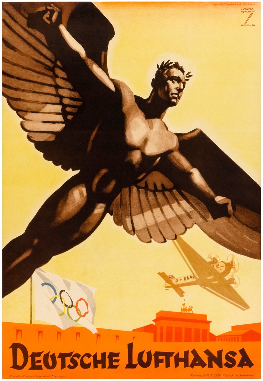 Deutsche Lufthansa, Poster for German Airlines Promoting the 1936 Olympic Games in Nazi Germany by Ludwig Hohlwein