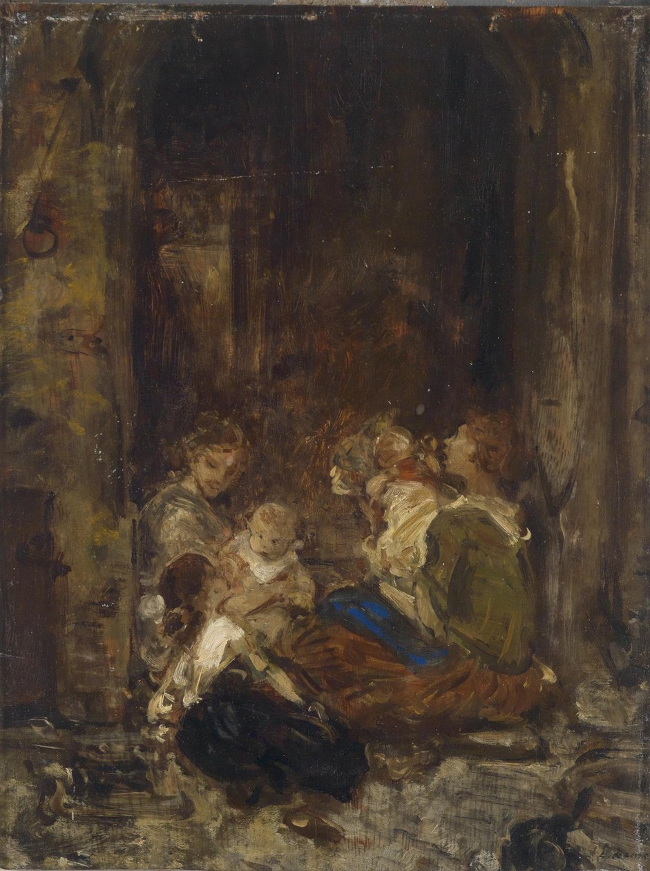 Mother with Children, Study, Illegibly Signed, Reverse Estate Stamp L. Knaus Estate by Ludwig Knaus