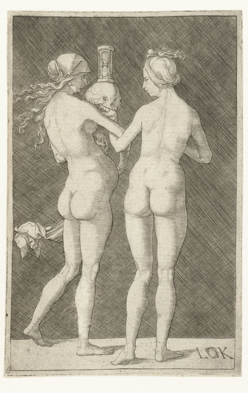 Two Naked Women with Skull and Hourglass by Ludwig Krug