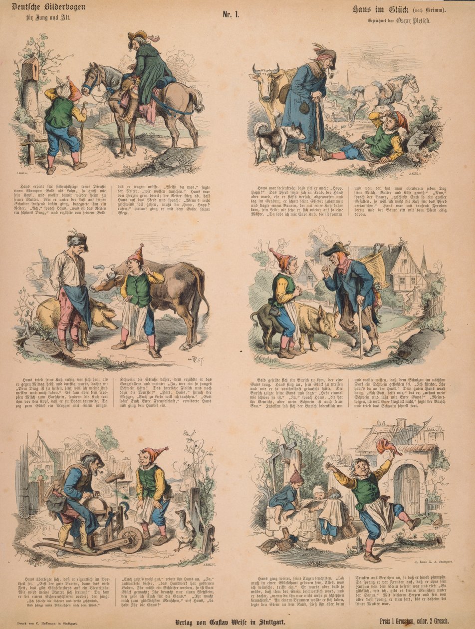 Hans in Luck (after the Brothers Grimm), no.213 from Muenchener Bilderbogen published by Braun & Schneider, Munich, 1880 by Ludwig Voltz
