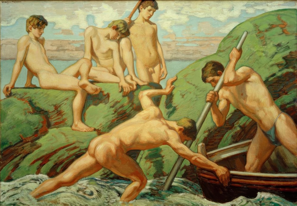 Naked Sailors (Fishermen) and Boys on the Green Shore by Ludwig von Hofmann