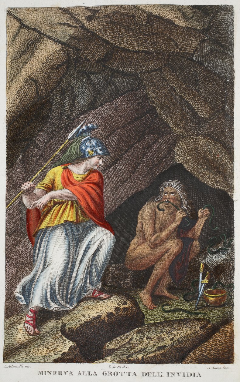 Minerva visits Envy or Minerva all Grotta deli Invidia, illustration from Ovid