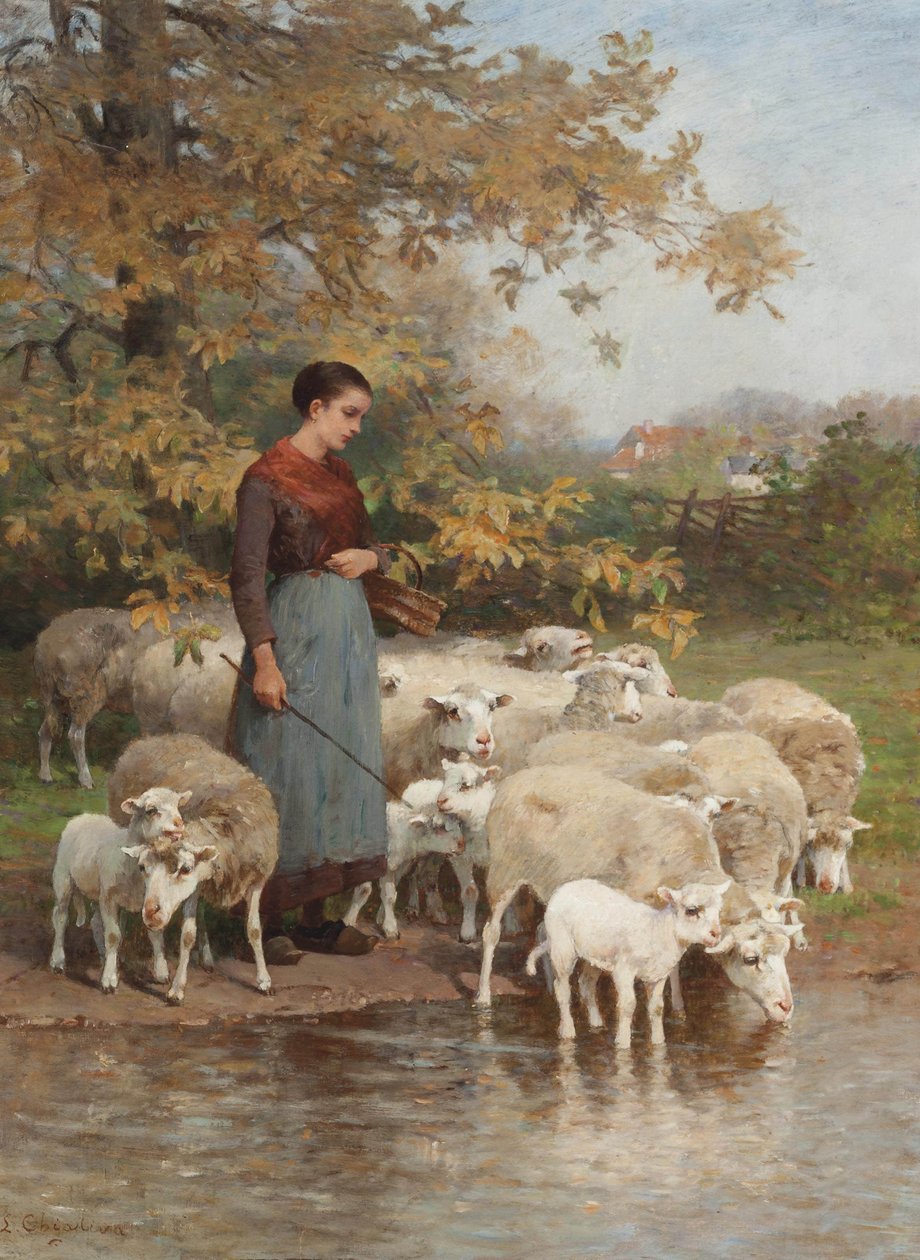 Shepherdess Watering Her Flock by Luigi Chialiva