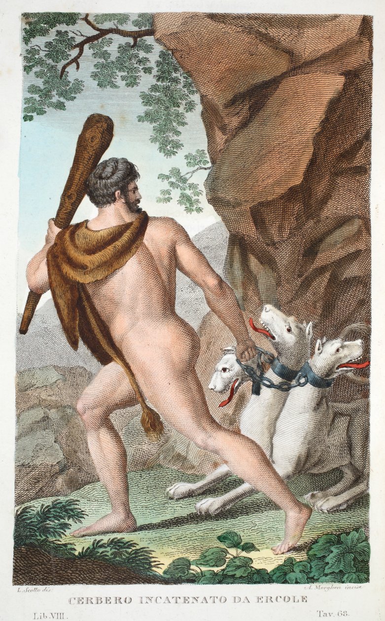 Hercules and Cerberus or Cerbero Incatenato da Ercole, Book VII, illustration from Ovid