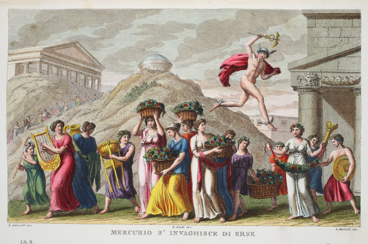 Mercury falls in love with Herse, illustration from Ovid