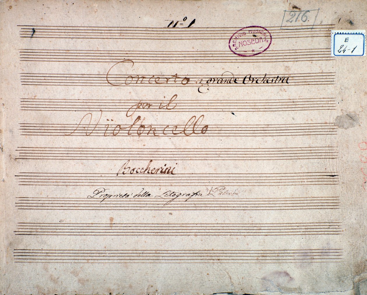 First Page Signed by the Author of the Score of Concerto for Cello and Orchestra in E Flat, by Luigi Boccherini by Luigi Boccherini