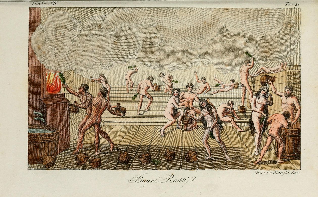 Russian Bath. Illustration from Il costume antico e moderno o storia del governo by Giulio Ferrario by Luigi Giarrè