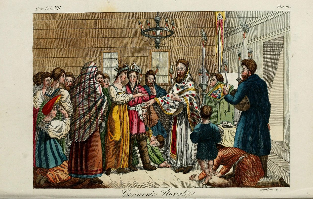 The Betrothal. Illustration from Il costume antico e moderno o storia del governo by Giulio Ferrario, 1831 by Luigi Giarrè