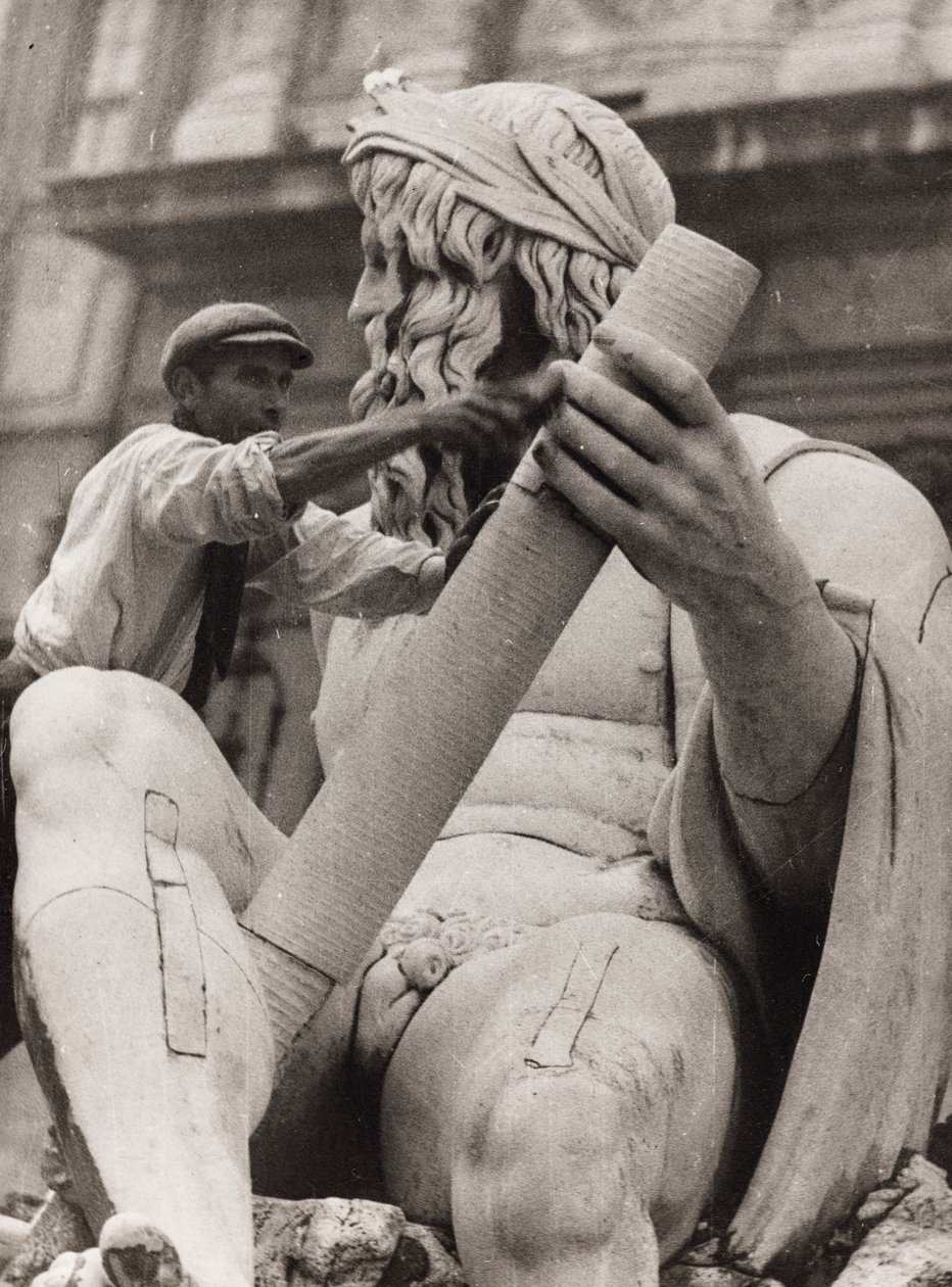 Worker on the Sculpture of the Ganges in the Fountain of the Four Rivers in Piazza Navona in Rome by Luigi Leoni