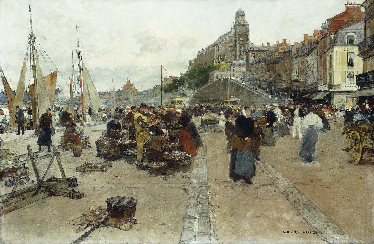 Marketplace by a Harbour by Luigi Loir