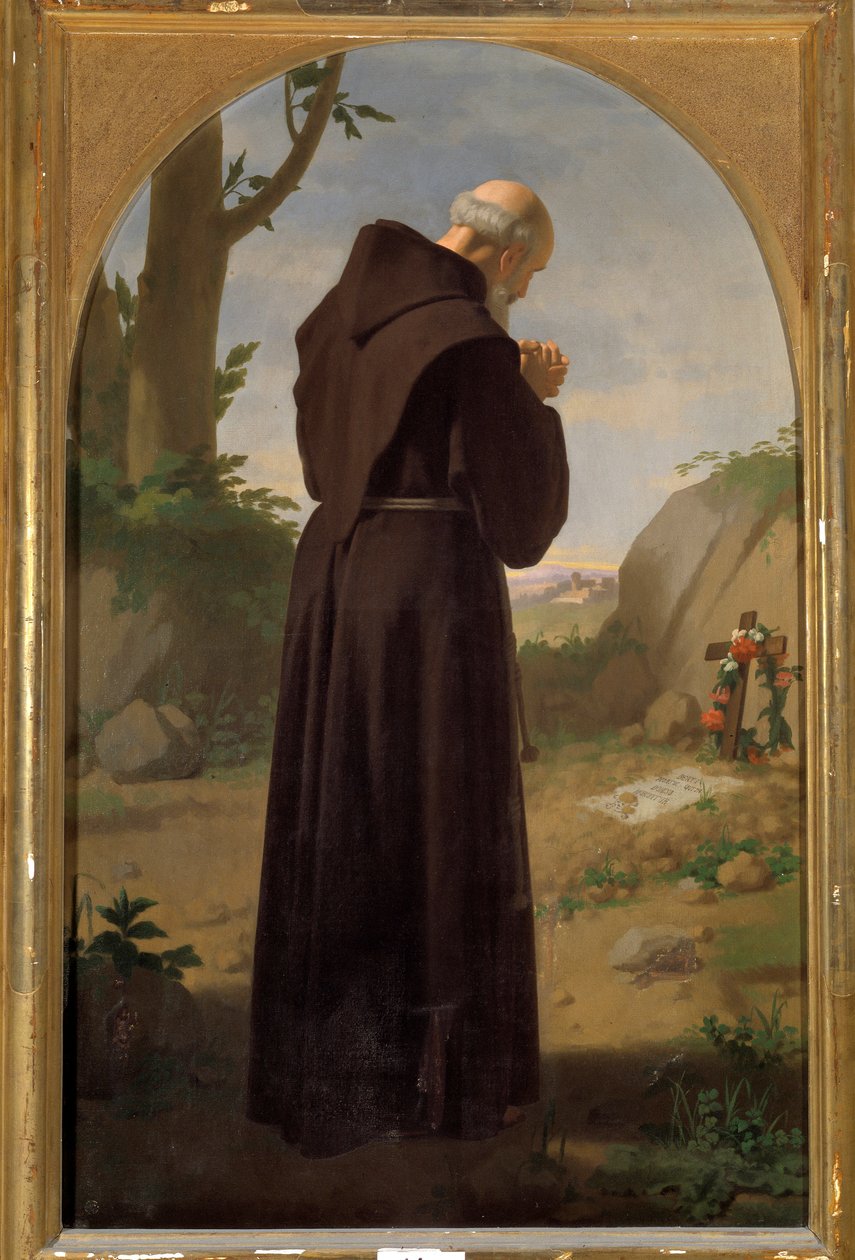 Monk praying in front of a tomb by Luigi Sciallero