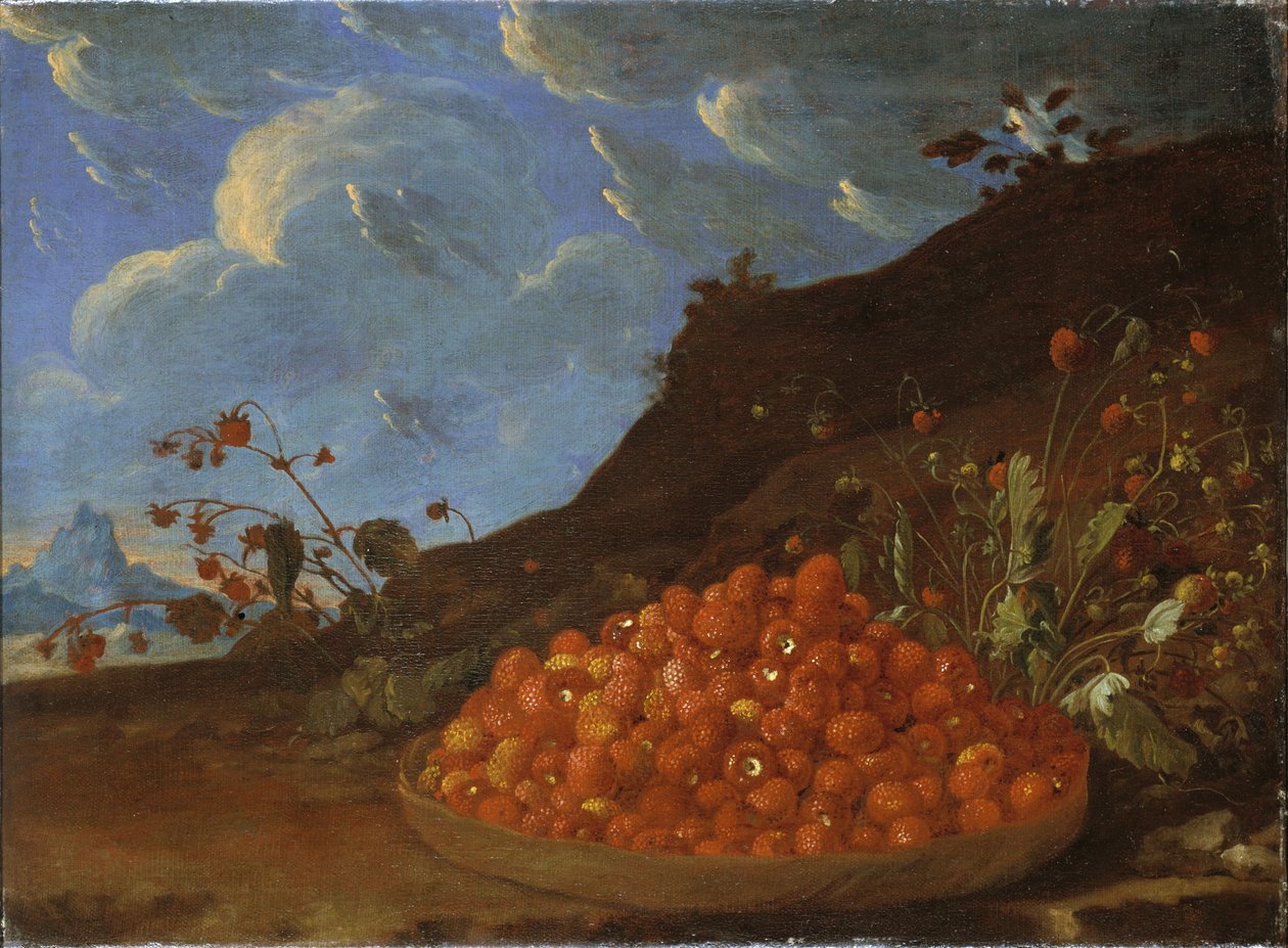 Basket of Wild Strawberries in a Landscape by Luis Menendez or Melendez