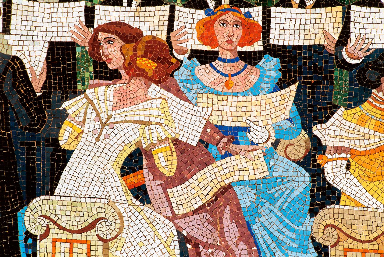 Palais de la musique catalane, Barcelone. Mosaic decorating the facade: woman singing in the Catalan choir (Orfeo Catala), (detail) by Luis & Bru i Salelles Luis (1868-1952) Domenech i Montaner