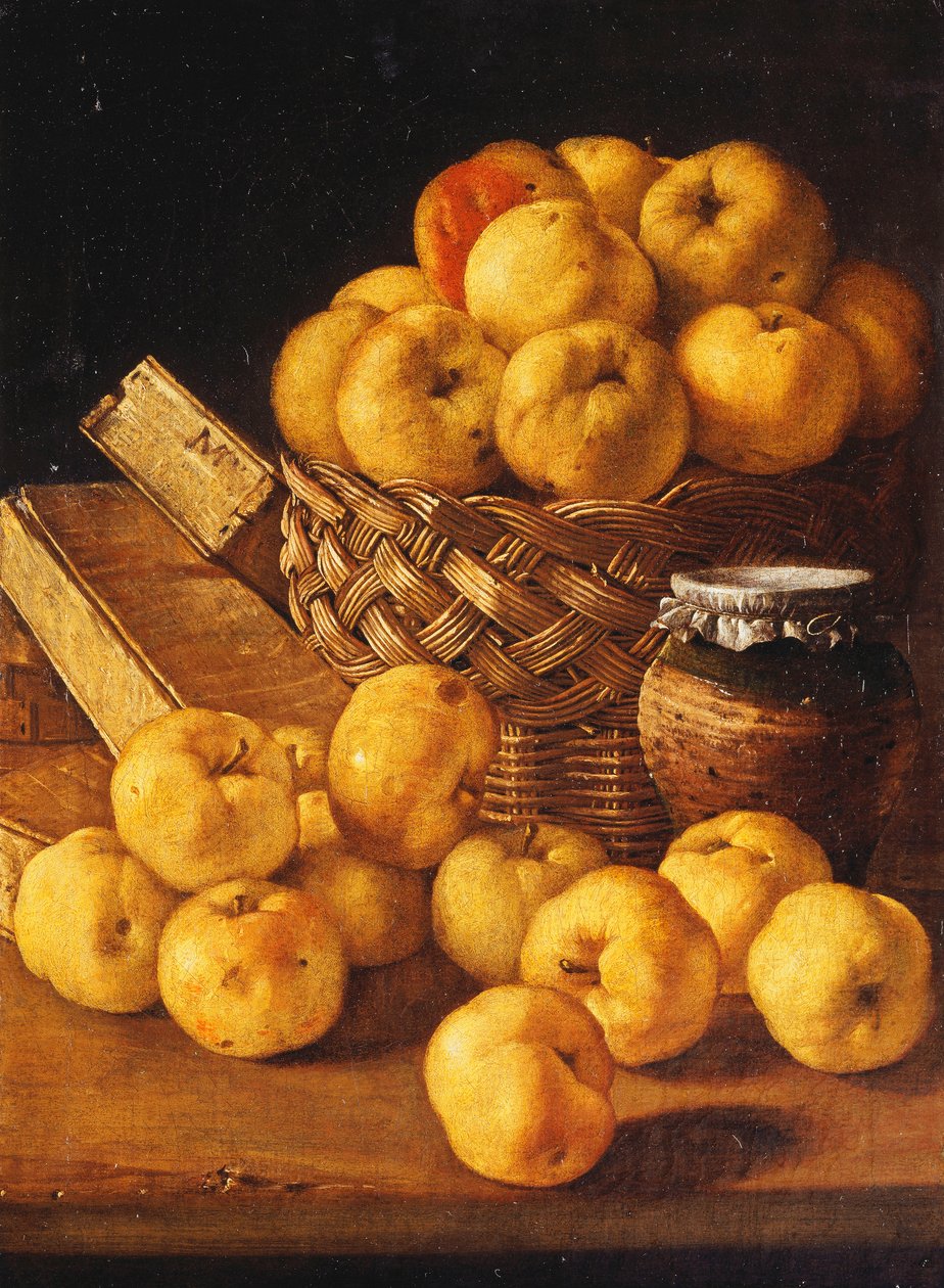 Apples in a Basket, a Jar and Condiment Boxes on a Table by Luis Egidio Melendez