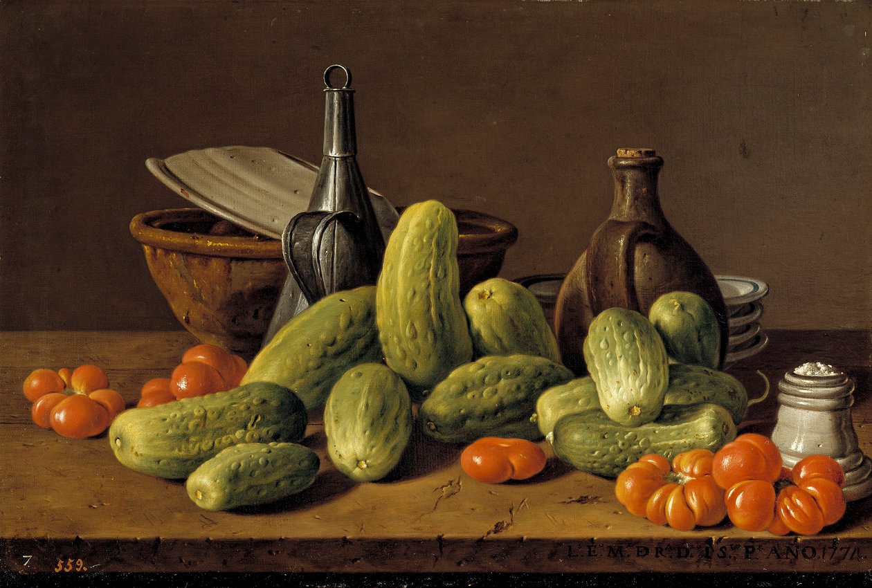 Still Life with Cucumbers, Tomatoes, and Vessels by Luis Egidio Melendez