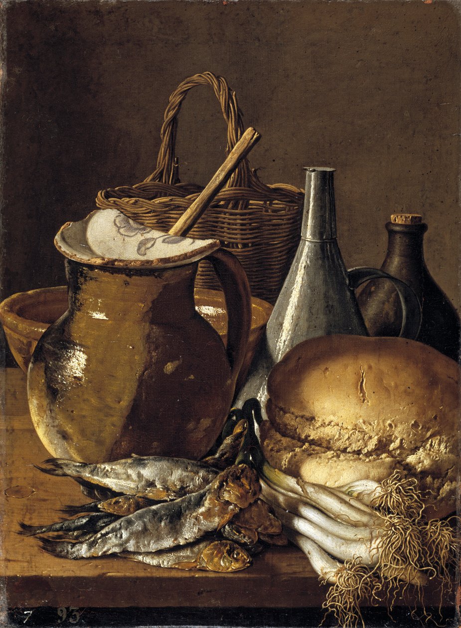 Still Life with Herrings, Chives, Garlic, and Kitchen Utensils by Luis Egidio Melendez
