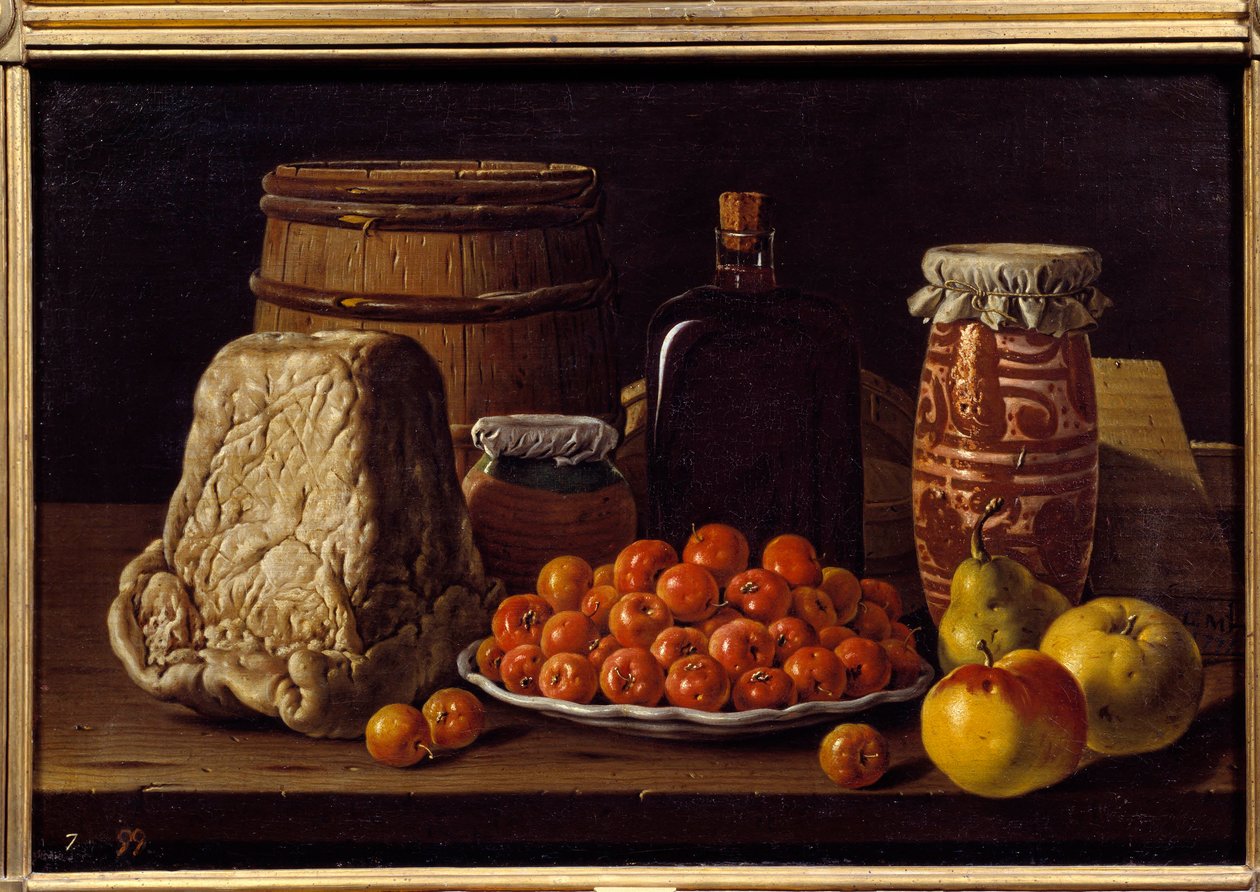 Cheese, fruit and recipient by Luis Egidio Menendez or Melendez