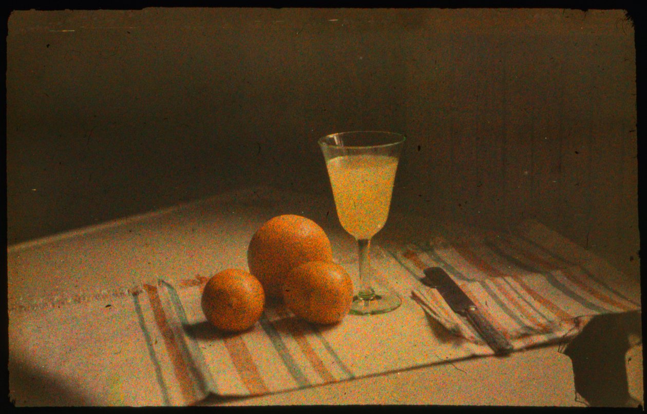 Still life photograph of fresh oranges and a glass of orange juice by Luis Marden