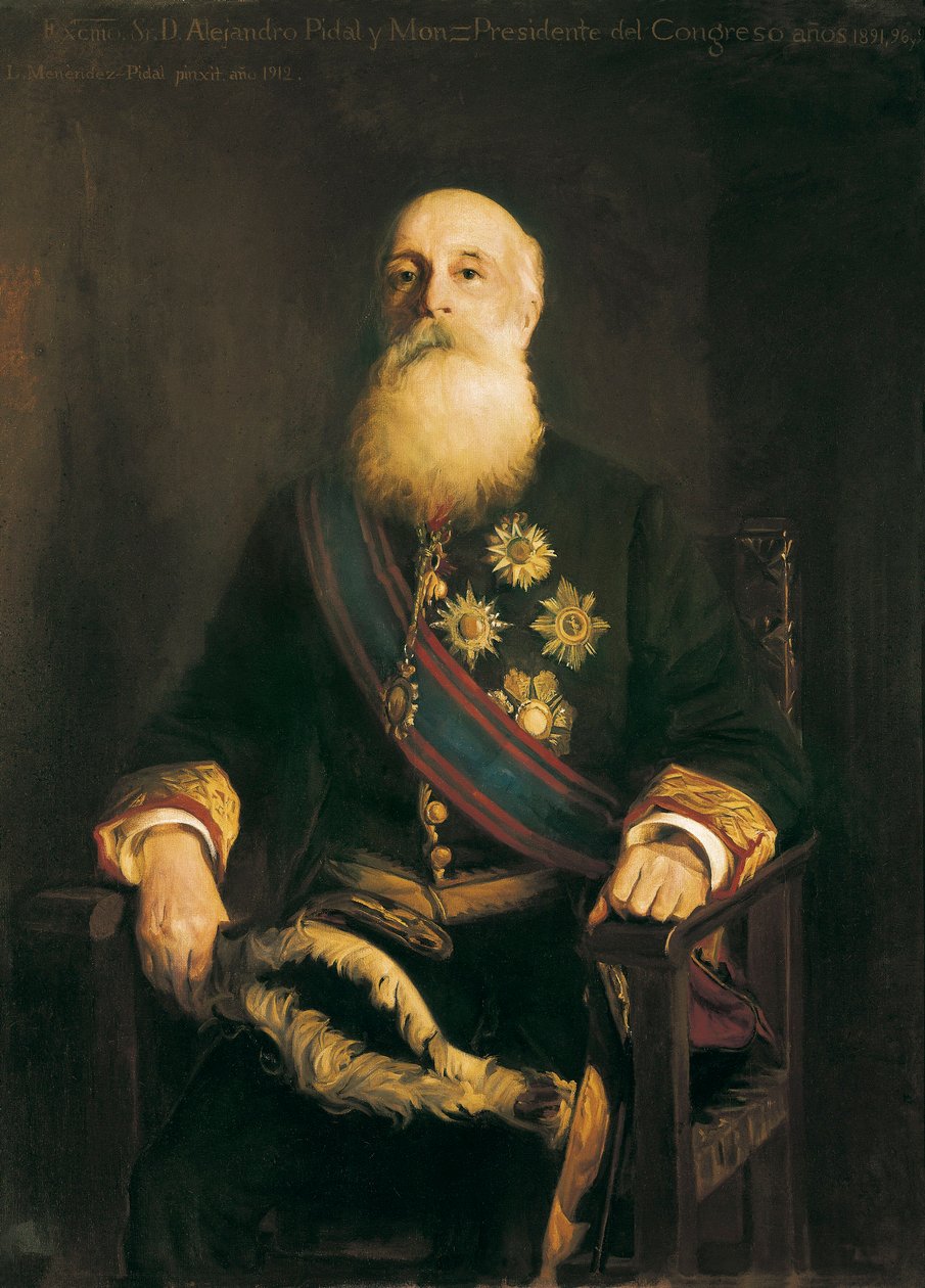 Portrait of Alejandro Pidal y Mon (1846-1913) Spanish politician member of the Catholic Union group. Painting by Luis Menendez Pidal (1861-1932) by Luis Menendez Pidal