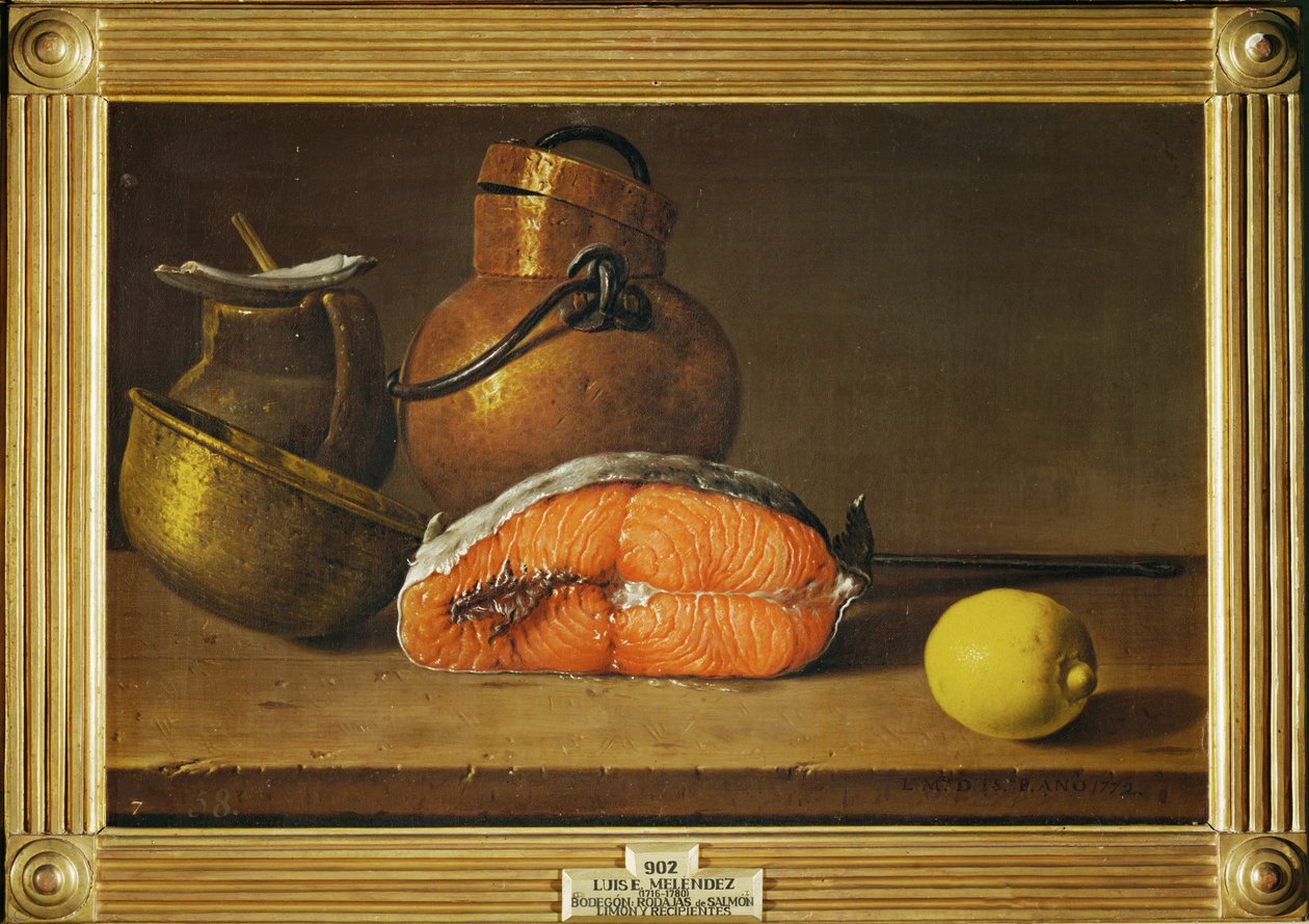 Still-life with a Piece of Salmon, a Lemon and Three Vessels by Luis Menendez or Melendez