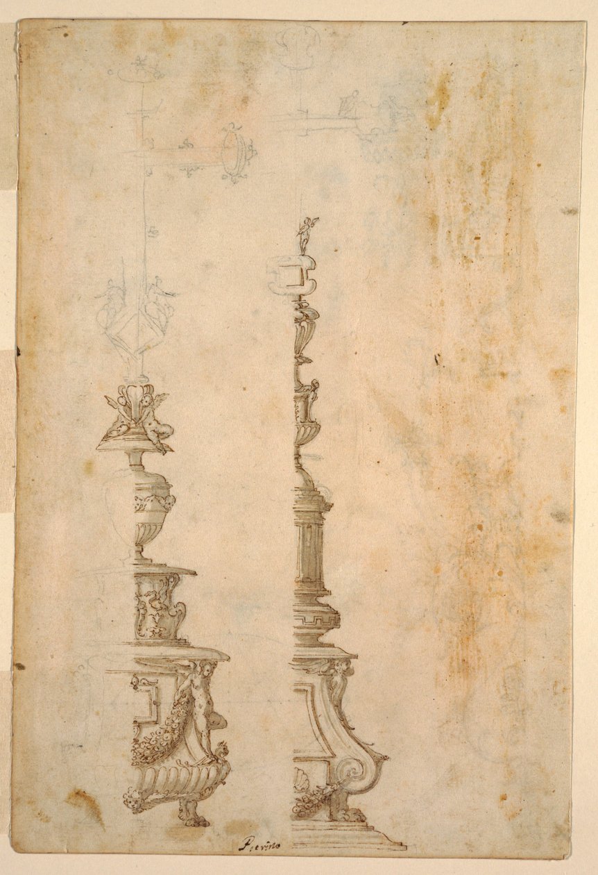 Two Designs for Altar Cross Bases; verso, Designs for Five Projects by Luzio Romano