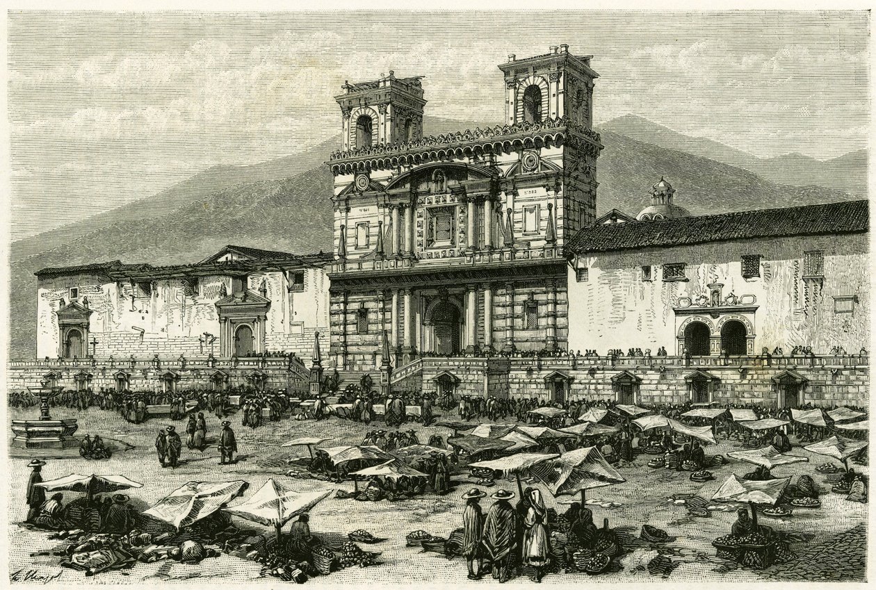 The Cathedrale of Quito and the popular entertainment on its square (Engraving by Clerget and Ferdinandus) by M. (after) Ferdinandus