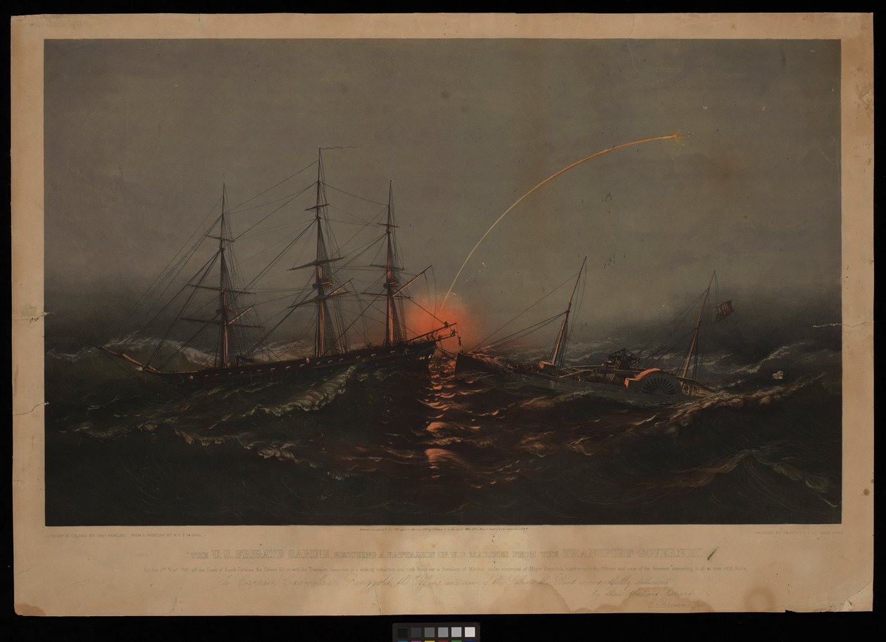 The US Frigate Sabine, Rescuing a Battalion of US Marines from the Transport Governor. On the 2nd Nov 1861 off the Coast of South Carolina by M. F. H. De & Parsons Charles Haas