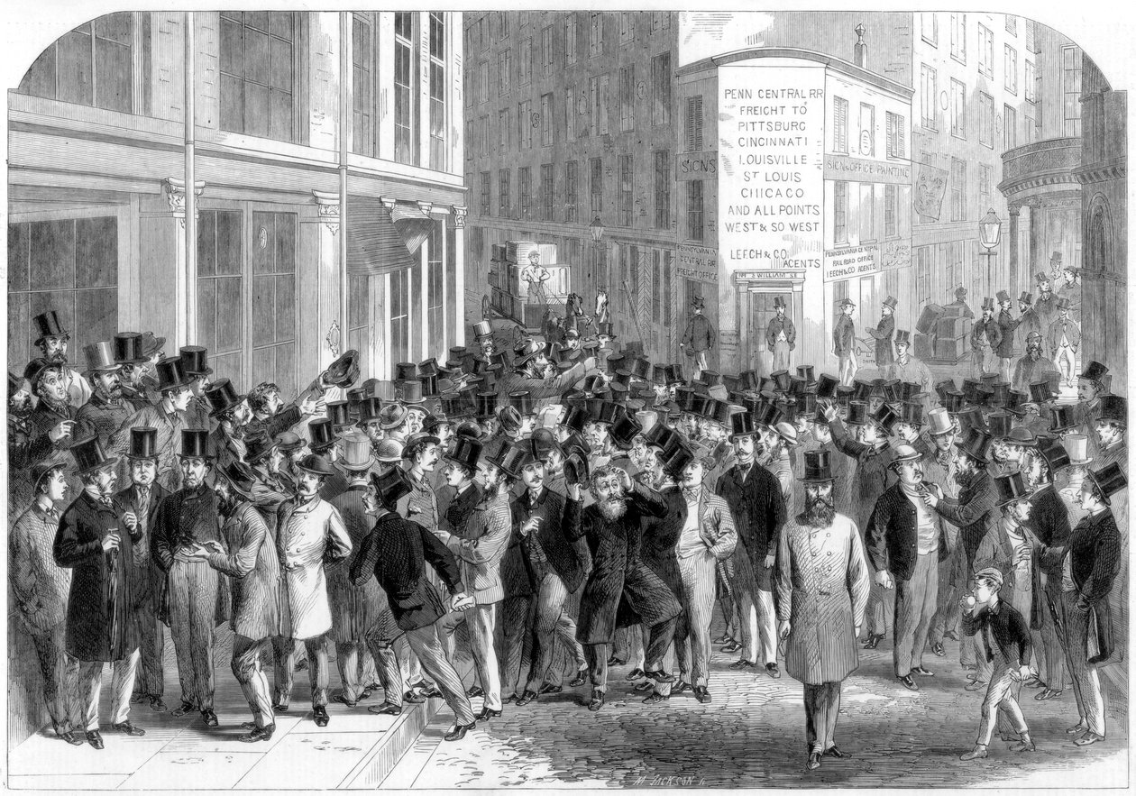 Kerbstone Stockbrokers in New York, 1864 by M. Jackson