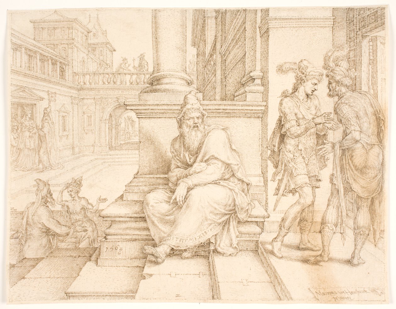 Mordecai Overhearing the Treason of Bigtan and Teresh by Maarten van Heemskerck