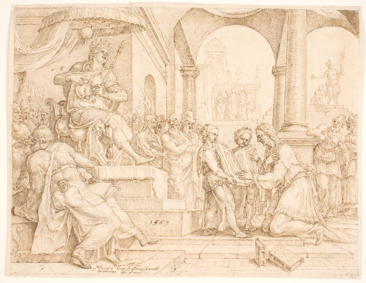 The State Scribe Shaphan Reads the Book of the Law to King Josiah, Who Tears His Clothes by Maarten van Heemskerck