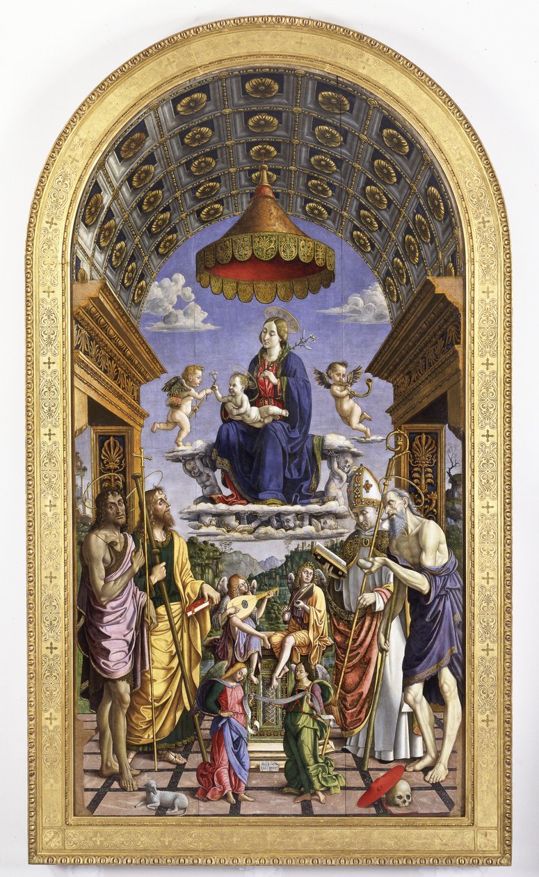 Madonna and Child in glory, musician angels and saints John the Baptist, James, Ugo and Jerome, 1498 by Macrino dAlba